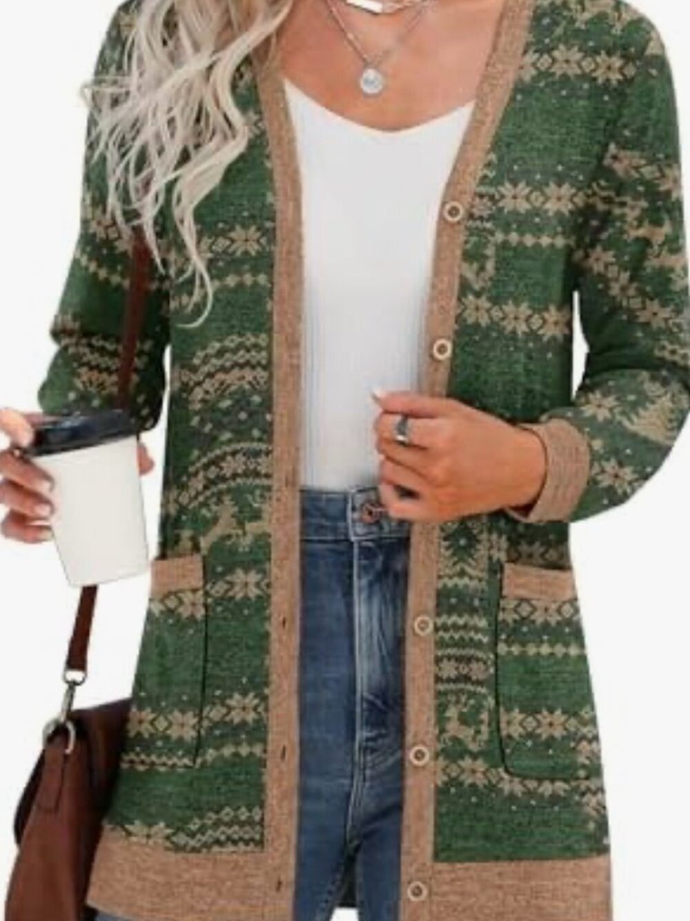 🧡3/$15 Grecerelle Long Sleeve Open Front Cardigan Christmas Pattern Green 2XL